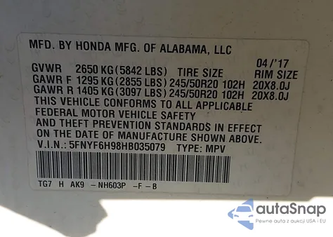 2017 Honda Pilot Touring из США, поврежденный, VIN 5FNYF6H98HB035079